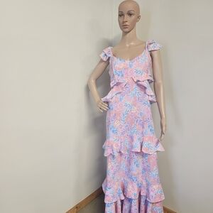 Simply Southern Pink Floral Maxi Dress with Blue and White Leaf Print